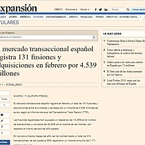 El mercado transaccional espaol registra 131 fusiones y adquisiciones en febrero por 4.539 millones